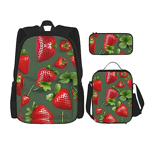 KoNsev Bedruckter Rucksack, 3-teiliges Set, für Reisen, Wandern, leicht, Laptop, Federmäppchen, isolierte Lunchtasche für Damen, magische Owels, Schöne Erdbeere, Einheitsgröße von KoNsev