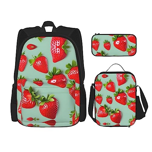 KoNsev Bedruckter Rucksack, 3-teiliges Set, für Reisen, Wandern, leicht, Laptop, Federmäppchen, isolierte Lunchtasche für Damen, magische Owels, Schöner Erdbeeraufdruck, Einheitsgröße von KoNsev