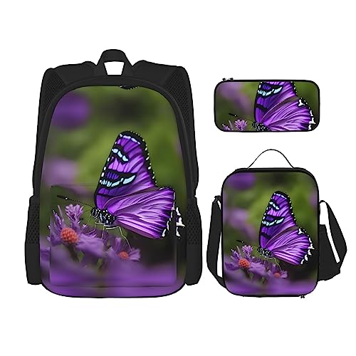 KoNsev Bedruckter Rucksack, 3-teiliges Set, für Reisen, Wandern, leicht, Laptop, Federmäppchen, isolierte Lunchtasche für Damen, magische Owels, Schöner violetter Schmetterling, Einheitsgröße von KoNsev