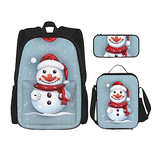 KoNsev Bedruckter Rucksack, 3-teiliges Set, für Reisen, Wandern, leicht, Laptop, Federmäppchen, isolierte Lunchtasche für Damen, mexikanische Otomi-Tiere, Frohe Weihnachten Schöner Schneemann, von KoNsev