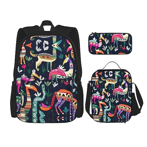 KoNsev Bedruckter Rucksack, 3-teiliges Set, für Reisen, Wandern, leicht, Laptop, Federmäppchen, isolierte Lunchtasche für Damen, mexikanische Otomi-Tiere, Mexikanische Otomi Tiere, Einheitsgröße von KoNsev