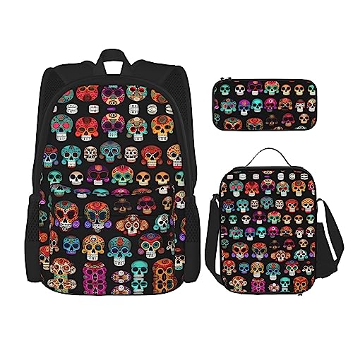 KoNsev Bedruckter Rucksack, 3-teiliges Set, für Reisen, Wandern, leicht, Laptop, Federmäppchen, isolierte Lunchtasche für Damen, mexikanische Otomi-Tiere, Mexikanischer bunter Totenkopf, Einheitsgröße von KoNsev