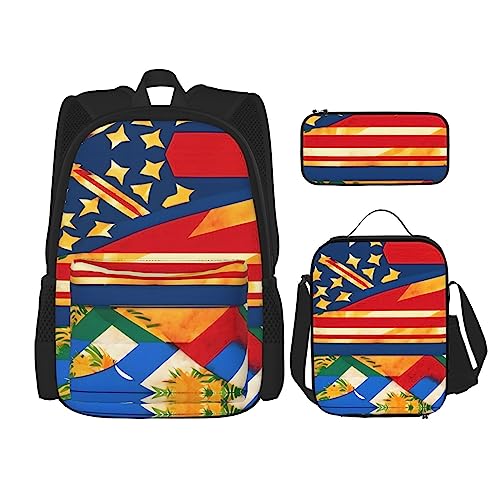 KoNsev Bedruckter Rucksack, 3-teiliges Set, für Reisen, Wandern, leicht, Laptop, Federmäppchen, isolierte Lunchtasche für Damen, nautische Segelboot-Karte, Hawaiianische Flaggen, Einheitsgröße von KoNsev