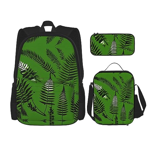 KoNsev Bedruckter Rucksack, 3-teiliges Set, für Reisen, Wandern, leicht, Laptop, Federmäppchen, isolierte Lunchtasche für Damen, nautische Segelboot-Karte, Natürliche Pflanze Silhouette Farn Blätter, von KoNsev