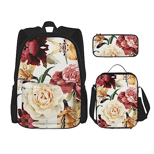 KoNsev Bedruckter Rucksack, 3-teiliges Set, für Reisen, Wandern, leicht, Laptop, Federmäppchen, isolierte Lunchtasche für Damen, rosa Flamingo-Muster, Rosa Blume und Rosen, Einheitsgröße von KoNsev