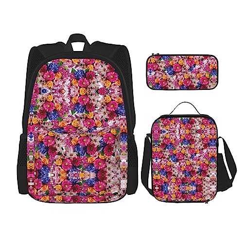 KoNsev Bedruckter Rucksack, 3-teiliges Set, für Reisen, Wandern, leicht, Laptop, Federmäppchen, isolierte Lunchtasche für Damen, rosa Flamingo-Muster, Rosa Blumen und goldene Rosen, Einheitsgröße von KoNsev