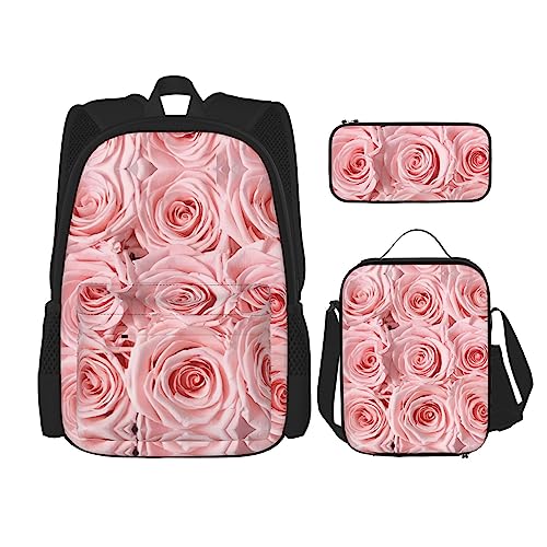 KoNsev Bedruckter Rucksack, 3-teiliges Set, für Reisen, Wandern, leicht, Laptop, Federmäppchen, isolierte Lunchtasche für Damen, rosa Flamingo-Muster, Rosa frische Rosen, Einheitsgröße von KoNsev