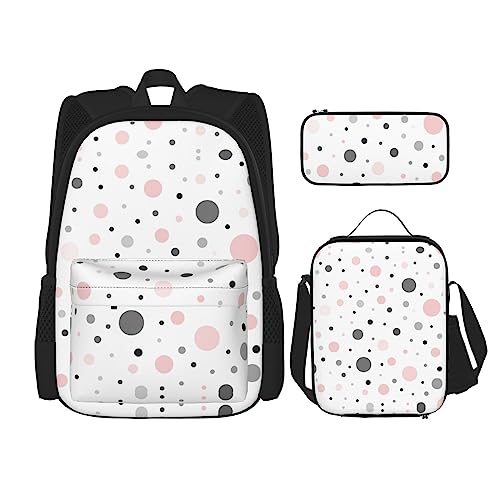 KoNsev Bedruckter Rucksack, 3-teiliges Set, für Reisen, Wandern, leicht, Laptop, Federmäppchen, isolierte Lunchtasche für Damen, rosa Giraffenstruktur, Modernes Punktemuster in Rosa, Grau, Weiß, von KoNsev