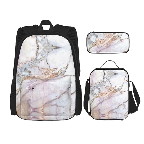 KoNsev Bedruckter Rucksack, 3-teiliges Set, für Reisen, Wandern, leicht, Laptop, Federmäppchen, isolierte Lunchtasche für Damen, rosa Giraffenstruktur, Pink-weißes Marmormuster., Einheitsgröße von KoNsev