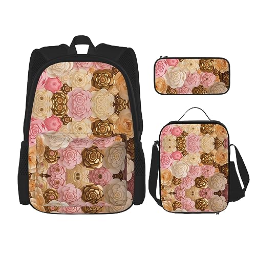 KoNsev Bedruckter Rucksack, 3-teiliges Set, für Reisen, Wandern, leicht, Laptop, Federmäppchen, isolierte Lunchtasche für Damen, rosa Giraffenstruktur, Rosa / Weiß / Gold Blumen, Einheitsgröße von KoNsev