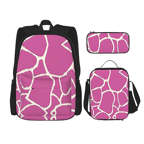 KoNsev Bedruckter Rucksack, 3-teiliges Set, für Reisen, Wandern, leicht, Laptop, Federmäppchen, isolierte Lunchtasche für Damen, rosa Giraffenstruktur, Textur Giraffe rosa, Einheitsgröße von KoNsev