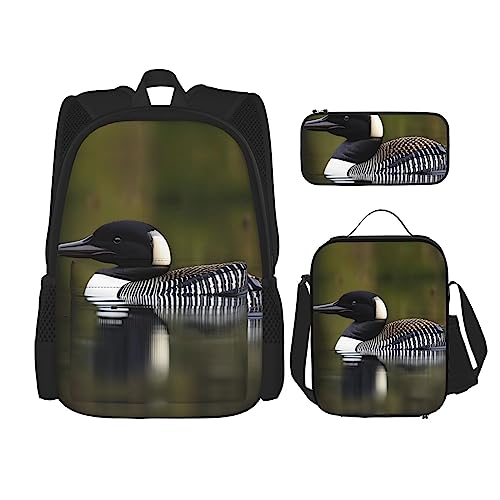 KoNsev Bedruckter Rucksack, 3-teiliges Set, für Reisen, Wandern, leicht, Laptop, Federmäppchen, isolierte Lunchtasche für Damen, schöne rosa Flamingos, Loon Nature Bird, Einheitsgröße von KoNsev