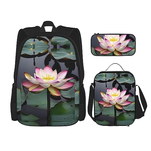 KoNsev Bedruckter Rucksack, 3-teiliges Set, für Reisen, Wandern, leicht, Laptop, Federmäppchen, isolierte Lunchtasche für Damen, schöne rosa Flamingos, Lotus Flower White, Einheitsgröße von KoNsev