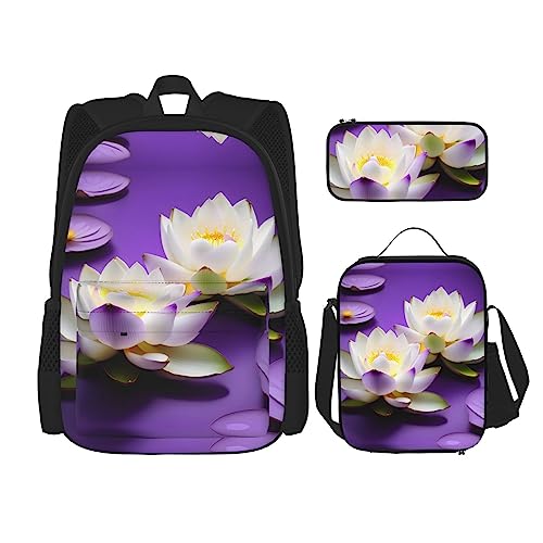 KoNsev Bedruckter Rucksack, 3-teiliges Set, für Reisen, Wandern, leicht, Laptop, Federmäppchen, isolierte Lunchtasche für Damen, schöne rosa Flamingos, Lotusblüte, violetter Aufdruck, Einheitsgröße von KoNsev