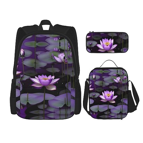 KoNsev Bedruckter Rucksack, 3-teiliges Set, für Reisen, Wandern, leicht, Laptop, Federmäppchen, isolierte Lunchtasche für Damen, schöne rosa Flamingos, Lotusblüte lila, Einheitsgröße von KoNsev