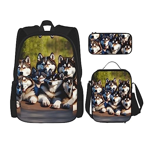 KoNsev Bedruckter Rucksack, 3-teiliges Set, für Reisen, Wandern, leicht, Laptop, Federmäppchen, isolierte Lunchtasche für Damen, schöne rosa Flamingos, Schöne Huskys, Einheitsgröße von KoNsev