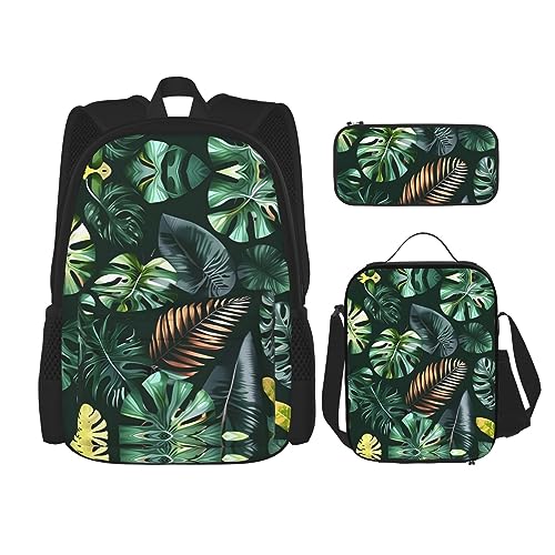 KoNsev Bedruckter Rucksack, 3-teiliges Set, für Reisen, Wandern, leicht, Laptop, Federmäppchen, isolierte Lunchtasche für Damen, tropische Sommer-Hawaii-Blumen, Palmenblätter, Tropische Blätter, von KoNsev