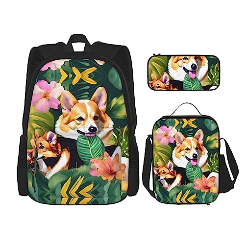 KoNsev Bedruckter Rucksack, 3-teiliges Set, für Reisen, Wandern, leicht, Laptop, Federmäppchen, isolierte Lunchtasche für Damen, tropische Sommer-Hawaii-Blumen, Palmenblätter, Tropische Blume und von KoNsev