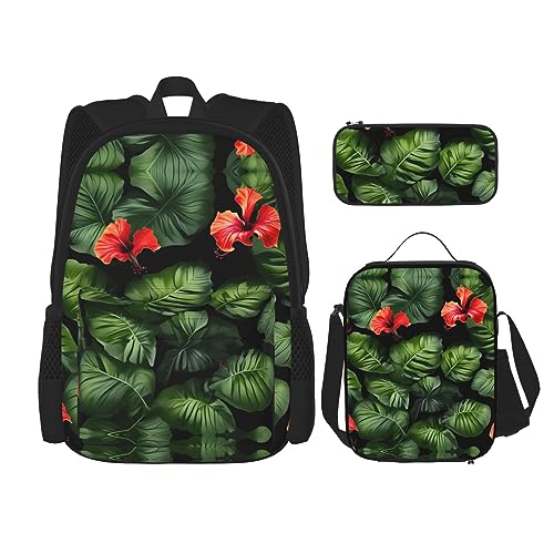 KoNsev Bedruckter Rucksack, 3-teiliges Set, für Reisen, Wandern, leicht, Laptop, Federmäppchen, isolierte Lunchtasche für Damen, tropische Sommer-Hawaii-Blumen, Palmenblätter, Tropische Blumen und von KoNsev