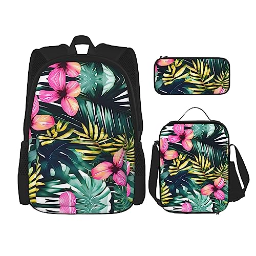 KoNsev Bedruckter Rucksack, 3-teiliges Set, für Reisen, Wandern, leicht, Laptop, Federmäppchen, isolierte Lunchtasche für Damen, tropische Sommer-Hawaii-Blumen, Palmenblätter, Tropische von KoNsev