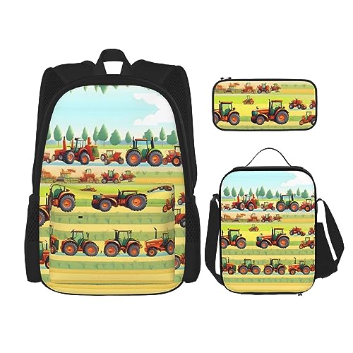 KoNsev Bedruckter Rucksack, 3-teiliges Set, für Reisen, Wandern, leicht, Laptop, Federmäppchen, isolierte Lunchtasche für Damen, tropische Vögel, Pflanzen, Blätter, Traktor Landwirtschaft, von KoNsev