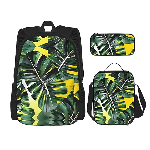 KoNsev Bedruckter Rucksack, 3-teiliges Set, für Reisen, Wandern, leicht, Laptop, Federmäppchen, isolierte Lunchtasche für Damen, tropische Vögel, Pflanzen, Blätter, Tropische Bananenpalmenblätter., von KoNsev