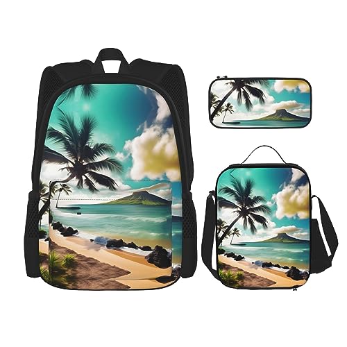 KoNsev Bedruckter Rucksack, 3-teiliges Set, für Reisen, Wandern, leicht, Laptop, Federmäppchen, isolierte Lunchtasche für Damen, tropische Vögel, Pflanzen, Blätter, Tropische Strandpalmen, von KoNsev