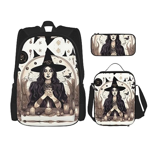 KoNsev Bedruckter Rucksack, 3-teiliges Set, für Reisen, Wandern, leicht, Laptop, Federmäppchen, isolierte Lunchtasche für Damen, viele Cartoon-Katzen, Magische Hexe Hexerei böhmische Zeichnung, von KoNsev