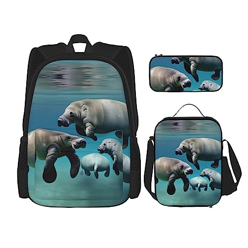 KoNsev Bedruckter Rucksack, 3-teiliges Set, für Reisen, Wandern, leicht, Laptop, Federmäppchen, isolierte Lunchtasche für Damen, viele Cartoon-Katzen, Manatee Animals, Einheitsgröße von KoNsev