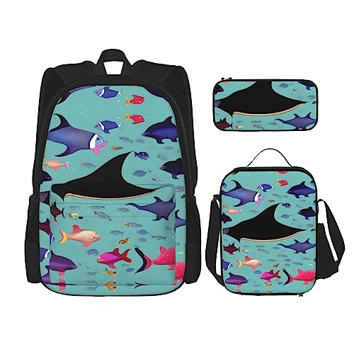 KoNsev Bedruckter Rucksack, 3-teiliges Set, für Reisen, Wandern, leicht, Laptop, Federmäppchen, isolierte Lunchtasche für Damen, viele Cartoon-Katzen, Manta Ray und Fisch, Einheitsgröße von KoNsev