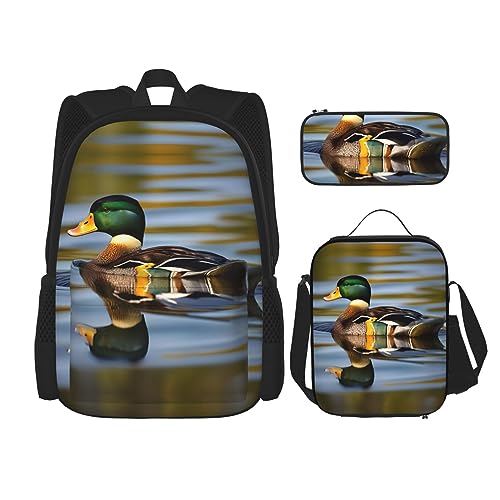 KoNsev Bedruckter Rucksack, 3-teiliges Set, für Reisen, Wandern, leicht, Laptop, Federmäppchen, isolierte Lunchtasche für Damen, viele Cartoon-Katzen, Stockente, Einheitsgröße von KoNsev