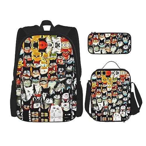 KoNsev Bedruckter Rucksack, 3-teiliges Set, für Reisen, Wandern, leicht, Laptop, Federmäppchen, isolierte Lunchtasche für Damen, viele Cartoon-Katzen, Viele Cartoon-Katze, Einheitsgröße von KoNsev