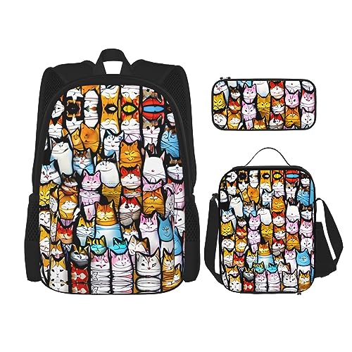 KoNsev Bedruckter Rucksack, 3-teiliges Set, für Reisen, Wandern, leicht, Laptop, Federmäppchen, isolierte Lunchtasche für Damen, viele Cartoon-Katzen, Viele Cartoon-Katzen, Einheitsgröße von KoNsev