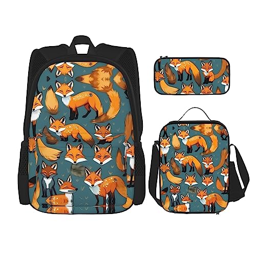 KoNsev Bedruckter Rucksack, 3-teiliges Set, für Reisen, Wandern, leicht, Laptop, Federmäppchen, isolierte Lunchtasche für Damen, viele violette Blumen, Viele Füchse, Einheitsgröße von KoNsev