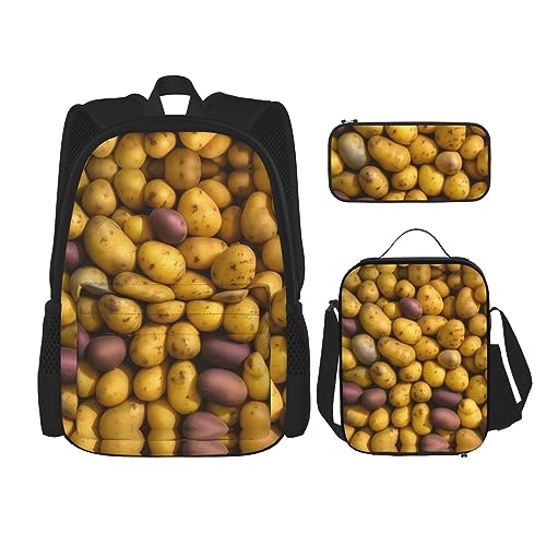 KoNsev Bedruckter Rucksack, 3-teiliges Set, für Reisen, Wandern, leicht, Laptop, Federmäppchen, isolierte Lunchtasche für Damen, viele violette Blumen, Viele Kartoffeln, Einheitsgröße von KoNsev