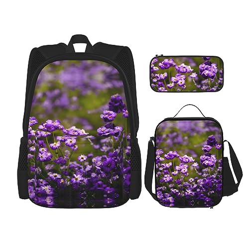 KoNsev Bedruckter Rucksack, 3-teiliges Set, für Reisen, Wandern, leicht, Laptop, Federmäppchen, isolierte Lunchtasche für Damen, viele violette Blumen, Viele lila Blumen, Einheitsgröße von KoNsev