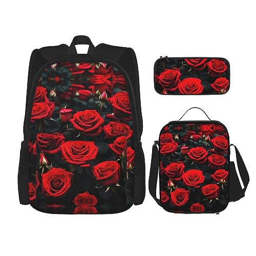 KoNsev Bedruckter Rucksack, 3-teiliges Set, für Reisen, Wandern, leicht, Laptop, Federmäppchen, isolierte Lunchtasche für Damen, viele violette Blumen, Viele rote Rosen, Einheitsgröße von KoNsev