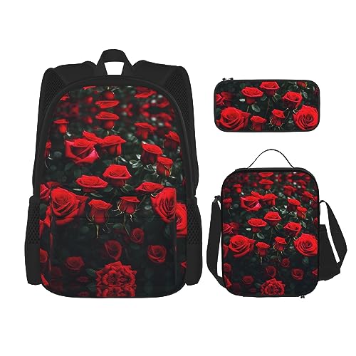 KoNsev Bedruckter Rucksack, 3-teiliges Set, für Reisen, Wandern, leicht, Laptop, Federmäppchen, isolierte Lunchtasche für Damen, viele violette Blumen, Viele rote Rosenaufdruck, Einheitsgröße von KoNsev