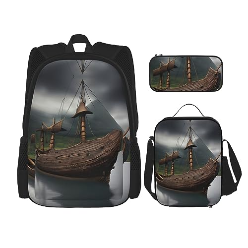 KoNsev Bedruckter Rucksack, 3-teiliges Set, für Reisen, Wandern, leicht, Laptop, Federmäppchen, isolierte Lunchtasche für Damen, weißer Strand, tropisches Meer, Vikings Boot, Einheitsgröße von KoNsev