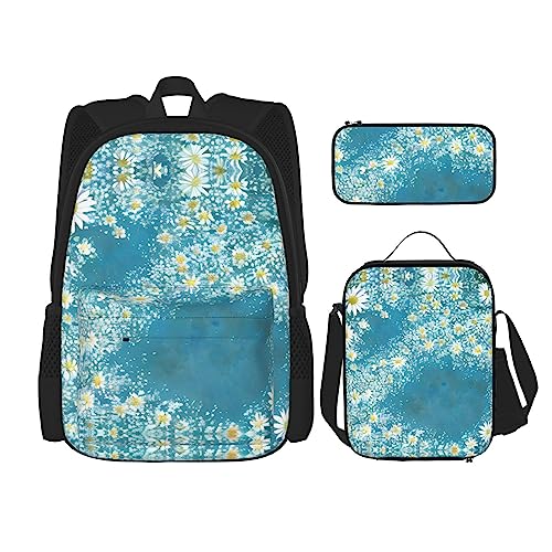 KoNsev Bedruckter Rucksack, 3-teiliges Set, für Reisen, Wandern, leicht, Laptop, Federmäppchen, isolierte Lunchtasche für Damen, weißer Strand, tropisches Meer, Weiß/blaue Gänseblümchen, Einheitsgröße von KoNsev