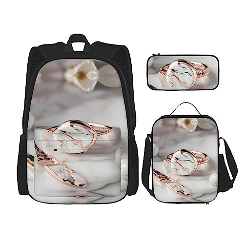 KoNsev Bedruckter Rucksack, 3-teiliges Set, für Reisen, Wandern, leicht, Laptop, Federmäppchen, isolierte Lunchtasche für Damen, weißer Strand, tropisches Meer, Weißer Marmor Roségold Muster, von KoNsev