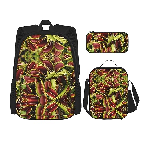 KoNsev Bedruckter Rucksack, 3-teiliges Set, für Reisen, Wandern, leicht, Laptop, Federmäppchen, isolierte Lunchtasche für Frauen, Pizza, Essen, Pflanze, Einheitsgröße von KoNsev