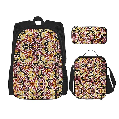 KoNsev Bedruckter Rucksack, 3-teiliges Set, für Reisen, Wandern, leicht, Laptop, Federmäppchen, isolierte Lunchtasche für Frauen, Pizza, Essen, Popcorn-Druck, Einheitsgröße von KoNsev