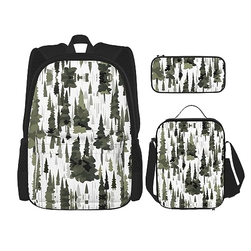 KoNsev Bedruckter Rucksack, 3-teiliges Set, für Reisen, Wandern, leicht, Laptop, Federmäppchen, isolierte Lunchtasche für Frauen, Wildtiere, Jagd, Hirsch, Bär, Elch, Weiße Bäume Camo Muster, von KoNsev