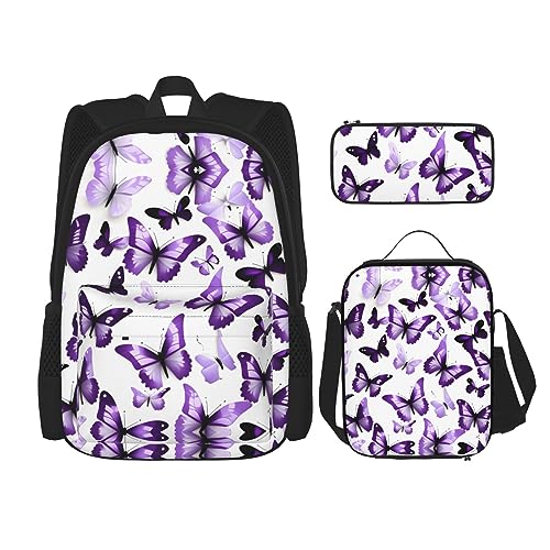 KoNsev Bedruckter Rucksack, 3-teiliges Set, für Reisen, Wandern, leicht, Laptop, Federmäppchen, isolierte Lunchtasche für Frauen, Wildtiere, Jagd, Hirsch, Bär, Elch, Weiße und violette Schmetterlinge, von KoNsev