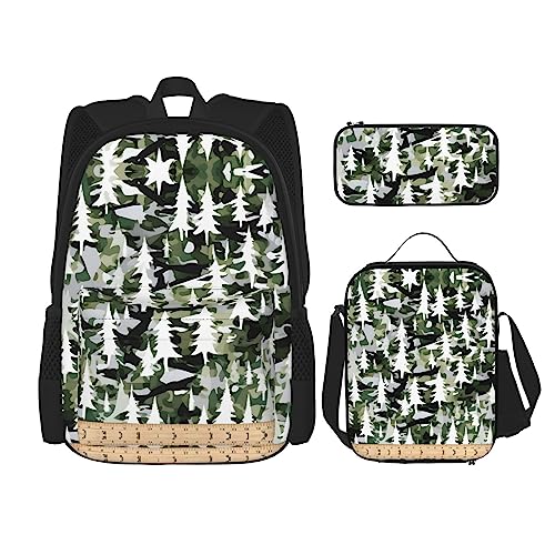 KoNsev Bedruckter Rucksack, 3-teiliges Set, für Reisen, Wandern, leicht, Laptop, Federmäppchen, isolierte Lunchtasche für Frauen, Wildtiere, Jagd, Hirsch, Bär, Elch, White Trees Camo, Einheitsgröße von KoNsev