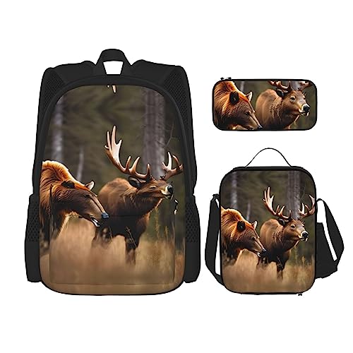 KoNsev Bedruckter Rucksack, 3-teiliges Set, für Reisen, Wandern, leicht, Laptop, Federmäppchen, isolierte Lunchtasche für Frauen, Wildtiere, Jagd, Hirsch, Bär, Elch, Wildlife Jagd Hirsch Bär Elch, von KoNsev