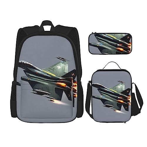 KoNsev Bedruckter Rucksack, 3-teiliges Set, für Reisen, Wandern, leichtes Laptop-Bleistiftetui, isolierte Lunchtasche für Damen, Laserlicht, Jet Fighter, Einheitsgröße von KoNsev