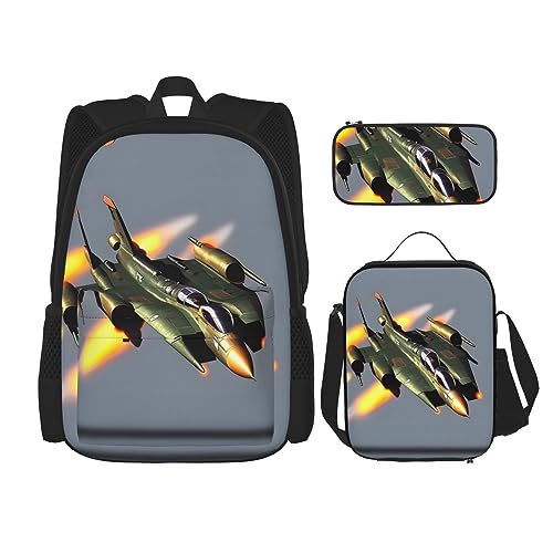 KoNsev Bedruckter Rucksack, 3-teiliges Set, für Reisen, Wandern, leichtes Laptop-Bleistiftetui, isolierte Lunchtasche für Damen, Laserlicht, Jet Fighters, Einheitsgröße von KoNsev