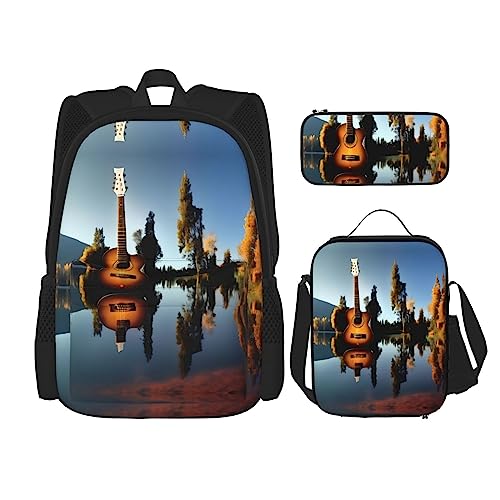 KoNsev Bedruckter Rucksack, 3-teiliges Set, für Reisen, Wandern, leichtes Laptop-Bleistiftetui, isolierte Lunchtasche für Damen, Laserlicht, Lake Guitar Reflection, Einheitsgröße von KoNsev